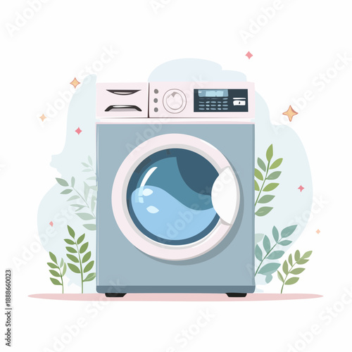 Modern Front-Load Washing Machine Illustration for Efficient Home Laundry and Daily Cleaning Tasks, Representing Household Chores and Freshness Concept in a Playful Digital Style