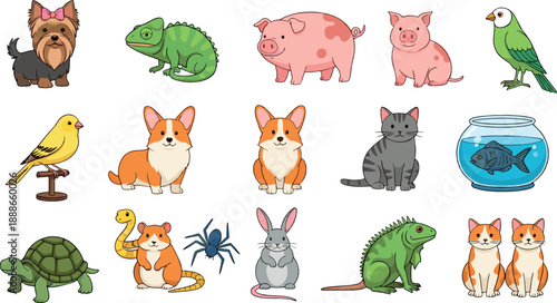 Cute animal collection vector with pets, farm animals, reptiles, birds, fish, and cartoon wildlife characters for kids illustration set