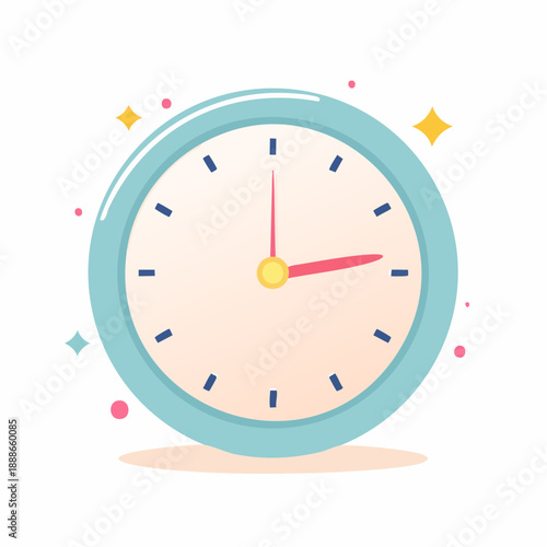 A pastel blue analog clock with a pink minute hand and red hour hand, set against a white background with sparkling accents, symbolizing time management and punctuality