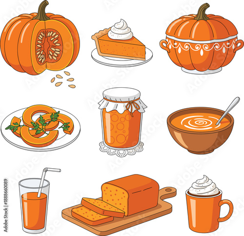 Pumpkin food and drink vector set with soup, pie, bread and autumn dessert elements