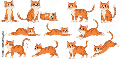 Cute orange tabby cat character vector set with playful poses, stretching, sitting, and running cartoon feline illustration collection