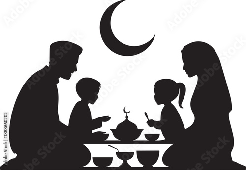 Ramadan Family Iftar Black Silhouette Vector Set.