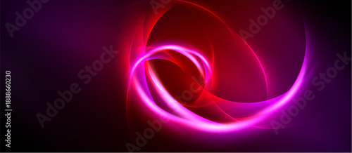 Abstract swirls, vibrant pinks, reds blend into dark background. Smooth curves create dynamic visual effect. Energy radiates from center.