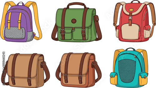 School backpack and satchel bag vector set with colorful student backpacks, messenger bags, and modern cartoon education accessories illustration