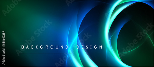 Abstract neon lights create dynamic background. Blue, green hues blend, forming circular patterns. Modern design element.