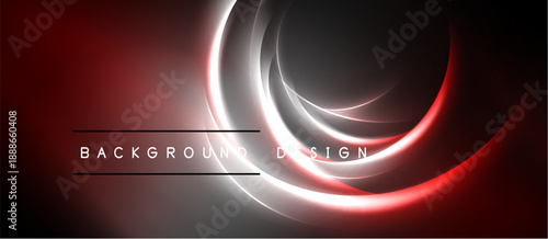 Abstract neon lines create dynamic circular shapes. Red glow contrasts with silver, black background. Modern design element.