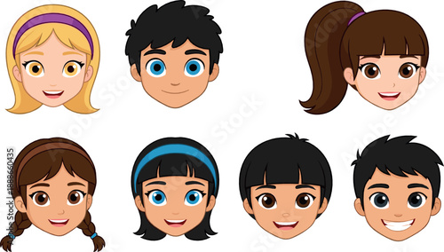 Cute kids face avatar vector set with boys and girls, diverse hairstyles, smiling expressions, and colorful cartoon portrait icons