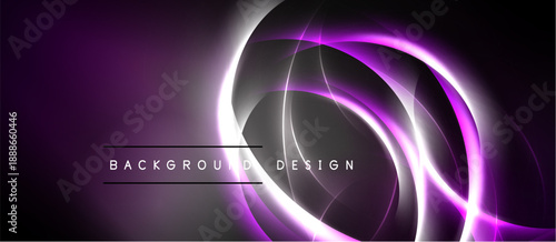 Abstract purple, gray design. Swirling lines create dynamic visual effect. Dark background emphasizes bright neon glow. Modern, elegant composition.