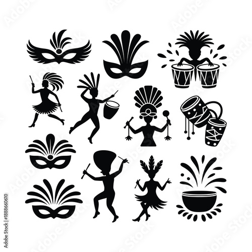 Brazilian Carnival icon set silhouette design.