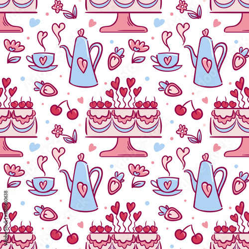 Sweet Valentine Day doodle seamless pattern featuring cherry cake, tea and romantic elements. Vector repeating background in hand-drawn style for holiday textile, gift wrapping and digital paper.