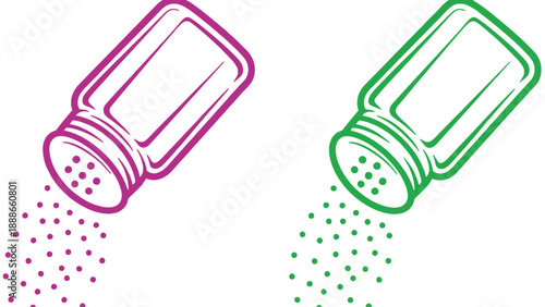 Two colorful salt shakers pouring out vibrant pink and green salt crystals