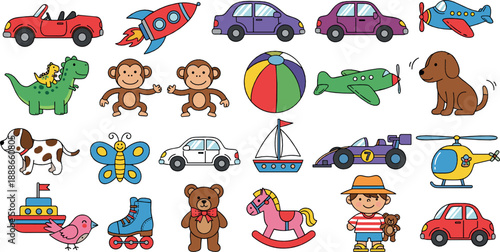 Cute toy and vehicle collection vector with cars, planes, animals, dolls, boats, and colorful cartoon playtime icons for kids