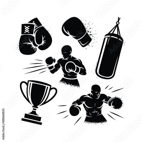 Boxing elements icon set illustrated in bold graffiti stencil style.