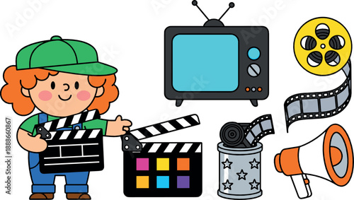 Cute movie and filmmaking vector set with kid director, clapperboard, film reel, camera, TV, and cinema production cartoon illustration
