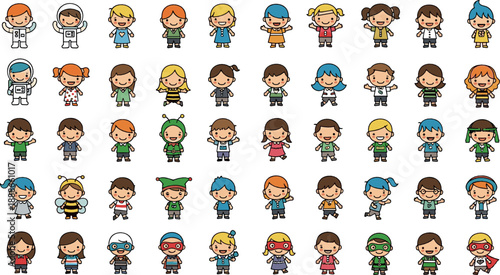 Cute kids character mega set vector with boys and girls in many outfits, hairstyles, and poses, colorful cartoon children collection