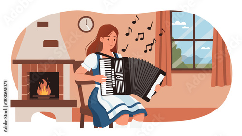 Woman playing accordion in a cozy living room with fireplace, vector illustration