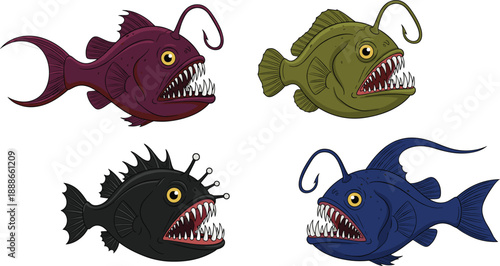 Deep sea anglerfish cartoon vector set with scary expressions and sharp teeth ocean creatures