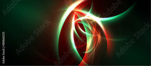 Abstract swirls, vibrant colors, dynamic energy. Red, green, white blend creating flowing patterns, dark background enhances luminosity.