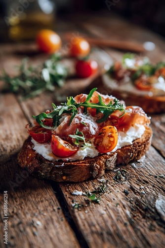 Savory open-faced sandwich topping rich ingredients rests on rustic wooden surface