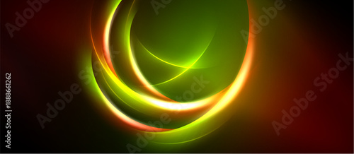 Bright concentric circles overlap, creating vibrant light effects against dark background. Colors blend, forming dynamic visual composition.