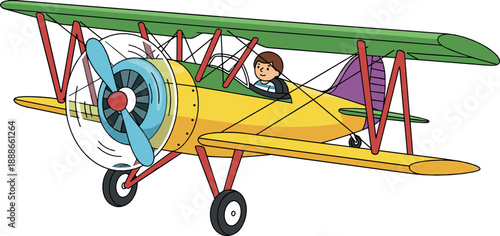 Cute cartoon biplane airplane vector with pilot character, colorful vintage aircraft illustration for kids, travel, aviation, and adventure themes