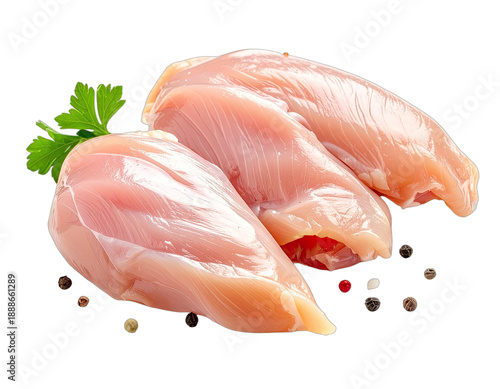Close-up of three raw chicken breasts with sprig of parsley, peppercorns, isolated on black
