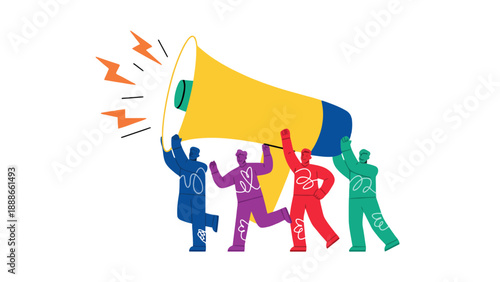 A group of colorful people holding a large megaphone together loudly