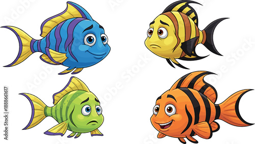 Cute colorful tropical fish character vector set with expressive cartoon sea animals, playful underwater wildlife illustration for kids and marine themes