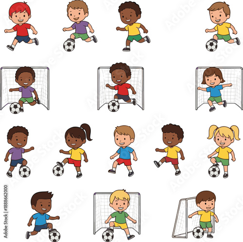 Cute children playing soccer cartoon vector set with boys and girls in action poses