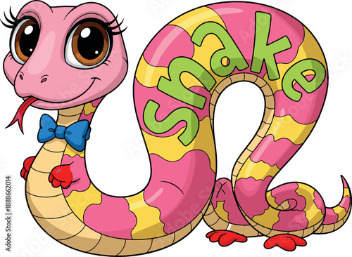 Cute colorful snake cartoon vector with playful lettering, smiling reptile character, fun kids illustration for alphabet, animals, and playful designs