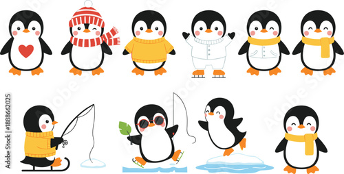 Cute penguin cartoon character vector set with winter outfits and playful activities