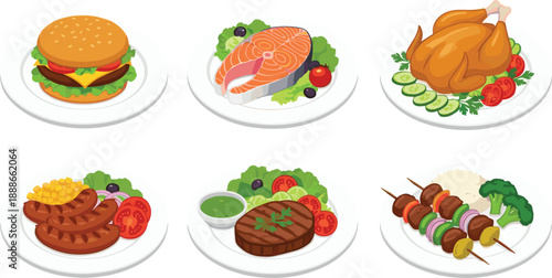 Assorted main course food dishes vector set with meat, fish, burger and grilled meals