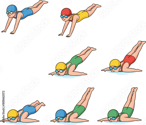Swimming stroke technique vector sequence showing freestyle swim positions for sport training illustration