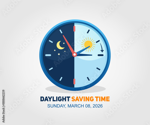 Creative illustration of Daylight Saving Time with sun and moon clock design symbolizing the transition from night to longer daylight hours during spring.