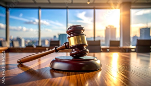 A gavel on a wooden desk overlooking a cityscape