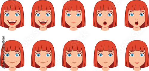 Female cartoon face expressions vector set with happy, sad, surprised, angry, and neutral emotions, character reaction illustration collection