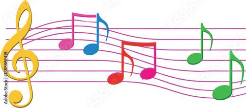 Colorful musical notes vector illustration with treble clef and staff lines, vibrant music theme graphic for education and entertainment