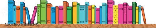 Colorful bookshelf vector illustration with bright books on wooden shelf, reading, library, education, and home decor themed design