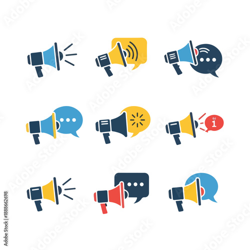 Megaphones and speech bubbles icons set