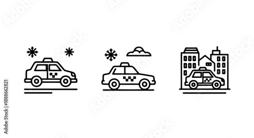 Urban Transport Icons: Taxi and City Buildings for Transportation and City Life Concepts