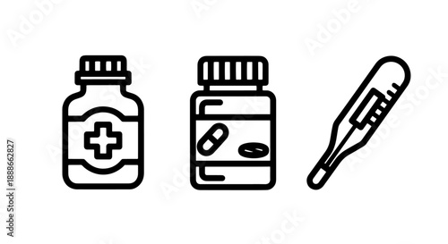 Medical Icons: Pill Bottle, Capsules, and Thermometer for Healthcare and Wellness Themes