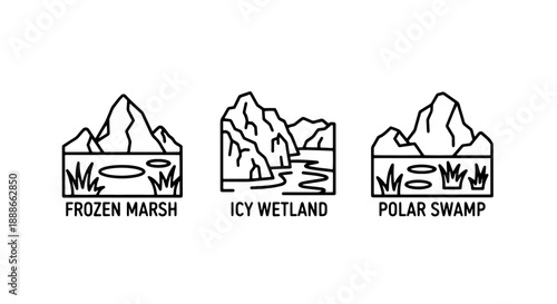 Arctic Landscape Icons: Frozen Marsh, Icy Wetland, and Polar Swamp Scenes for Cold Environments