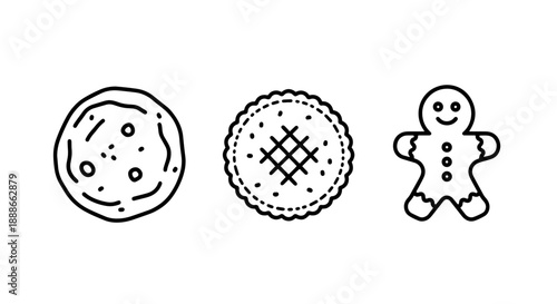 Cookie Icons: Round Cookie, Crinkle Cookie, and Gingerbread Man for Baking and Holiday Treats