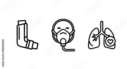 Respiratory Health Icons: Inhaler, Masked Face, and Lungs with Heart for Medical and Wellness