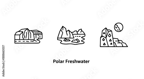 Minimalist line icons representing polar freshwater landscapes: glaciers, icebergs, and frozen water elements.