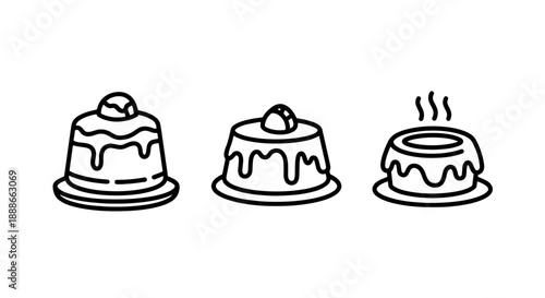 Charming outline icons of desserts: puddings or custards with toppings, one steaming to show it's warm.