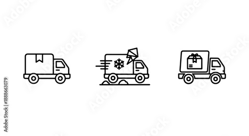 Line art icons illustrating different types of delivery trucks: standard, refrigerated with snowflake, and package delivery.