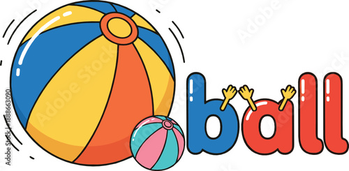 Colorful beach ball vector illustration with playful cartoon typography, fun summer toy design for kids, sports, and recreational themes
