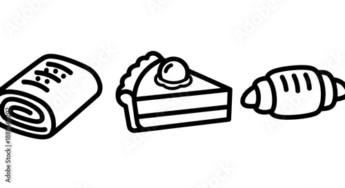 Bakery Icons: Pastry, Cake Slice, and Croissant for Sweet Treats and Desserts