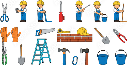 Construction worker and tools vector set with handyman characters, ladder, hammer, shovel, bucket, gloves, and building equipment illustration